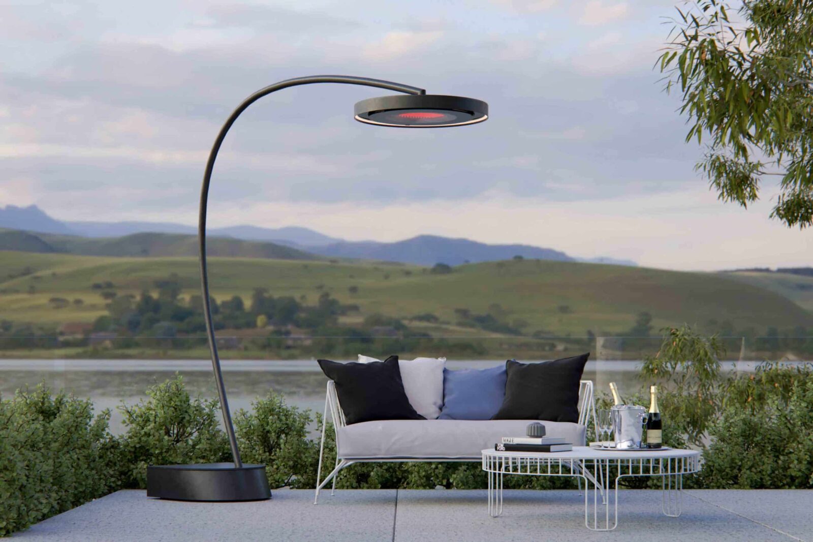 Portable Outdoor Heater next to lounge and table